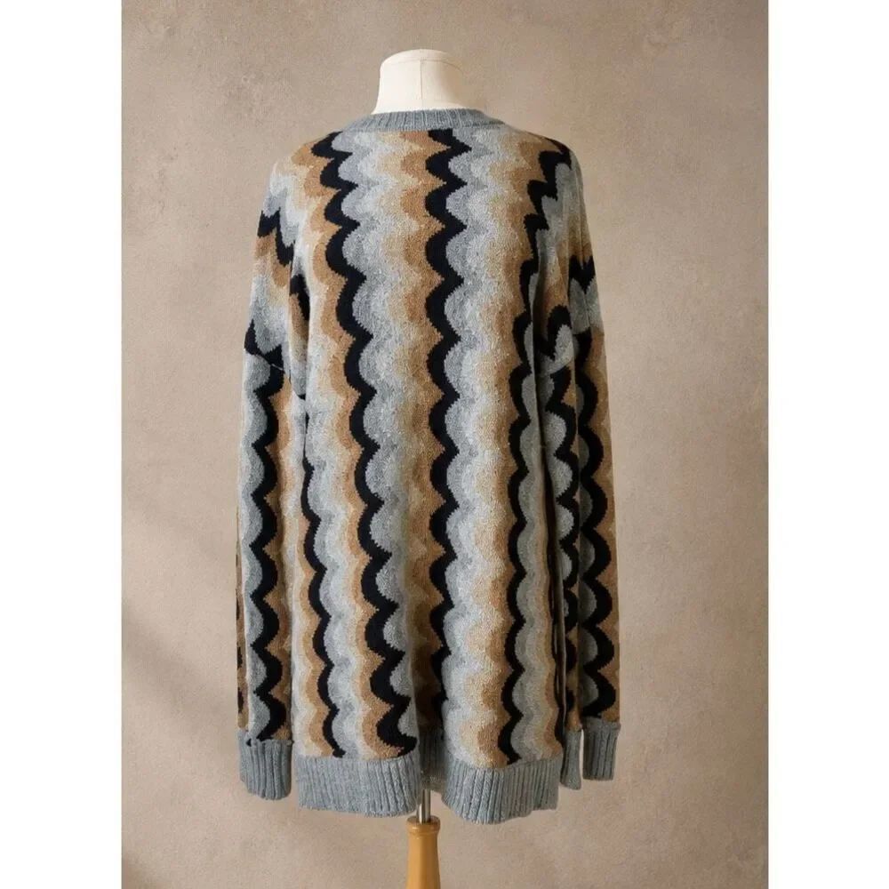 Show Me Your Mumu Retro Wave Oversized Knit Sweater Blue Tan Black | Medium
